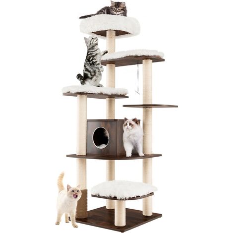Wooden Cat Tower Large Modern Cat Tree Tower Multi-level Cat Play Center Indoor (1/5)