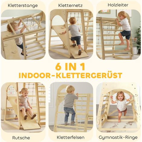 Structure d'escalade intérieur 6-en-1 avec toboggan, barres, mur d'escalade, échelle, filet de grimpe, pour enfants 3-6 ans, bois (1/5)