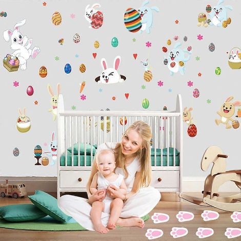 Lot de 8 décorations de Pâques : œufs de lapin, stickers muraux, affiches pour fenêtre, autocollants statiques pour vitres, décoration intérieure (1/4)
