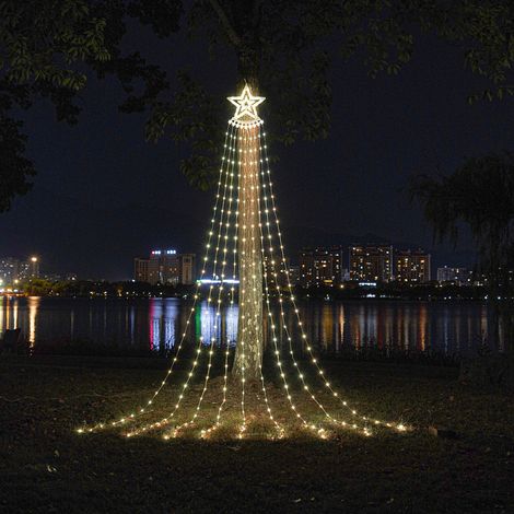 Guirlande Lumineuse Sapin de Noel Avec Etoile, Guirlande Lumineuse Cascade, 9 Brins,  Étanche,[USB + Télécommande], Guirlande de Noel Exterieur pour Sapin de Noël, Fête, Cour(Blanc Chaud)