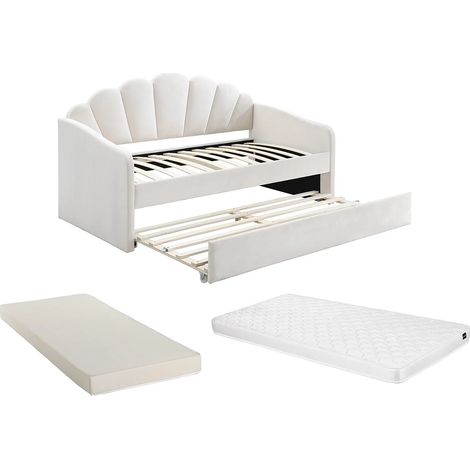 Lit gigogne coquillage 2 x 90 x 190 cm - Velours - Blanc + Matelas - ELUSIA (1/5)