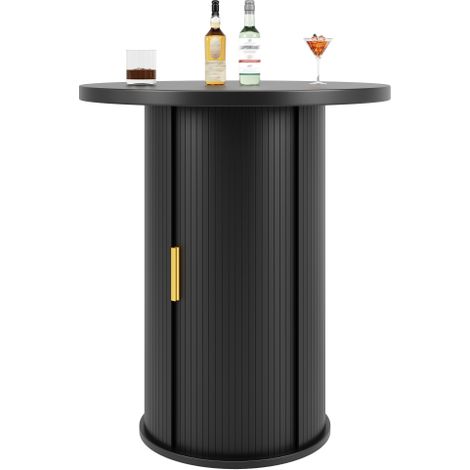 Mini Bar Rond à Cannelures Verticales en Panneau MDF Aspect Bois, 4 Niveaux de Rangement Intérieur, Porte à Poignée Dorée, Dim 60×91,6cm, Table de Bar à Vin Autoportante pour Salon