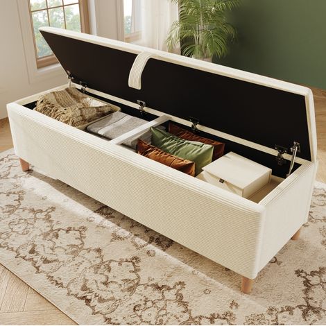 Banco de cama con almacenaje 165 x 38 cm, en tejido acanalado beige DESVIAE (1/5)