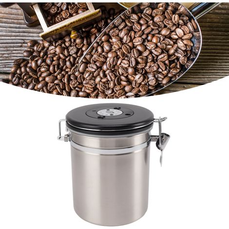 1,5-Liter-Aufbewahrungsbehälter für Kaffeebohnen, aus Edelstahl 304, mit Stahllöffel, silberfarben. (1/5)