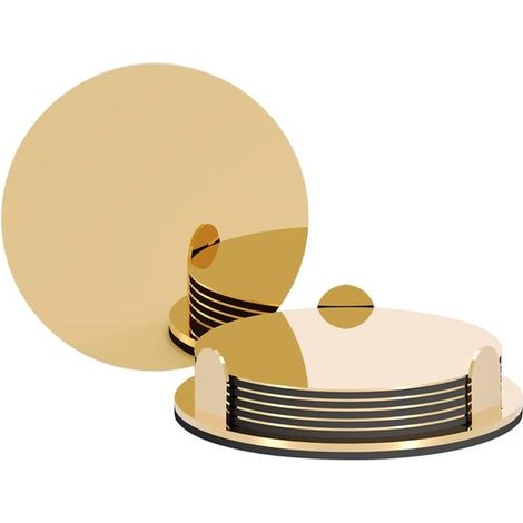 Set aus goldenen Edelstahl Untersetzern mit Halter, minimalistische runde Untersetzer für Zuhause, Büro, Café, zum Schutz von Tischen (1/5)