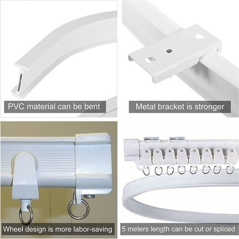 Barra para cortinas, riel flexible para cortinas de techo para ventanal, aproximadamente 3,5 m, soporte de pared curvo plegable, plástico resistente para separador de ambientes. (1/4)