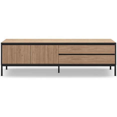 Meuble TV, Meuble de salon avec 2 portes et 2 tiroirs aspect bois coloris naturel, pieds en métal noir - Longueur 180 x Profondeur 40 x Hauteur 55 cm (1/4)