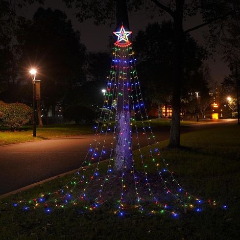 Guirnalda de luces solares, estilo cascada, con forma de árbol de Navidad y una estrella en la parte superior (luces de colores). (1/5)