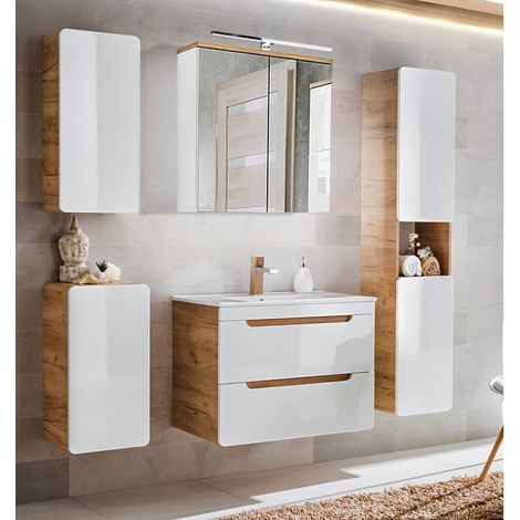 Badezimmer Komplettset in Hochglanz weiß mit Wotan Eiche Nb. LUTON-56 B/H/T ca. 181/195/46 cm (1/5)