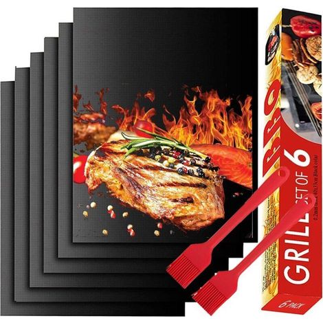Teflon Sheet, BBQ Grill Mat Non-Stick, Set of 6 BBQ Cooking Mats 40x33 CM, Reusable and Heat-Resistant Cooking Sheets for Gas BBQ Enthusiasts (Black) - Fei Yu (1/3)
