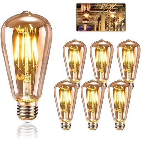 Aiperq Ampoule E27 Edison Vintage, Ampoules Edison LED E27 ST64 4W Lampe, Rétro Filament Edison Ampoule,Vintage Antique Décorative Lampe Blanc Chaud pour Restaurant,Café, Windows, Showrooms-6 Packs(Pa