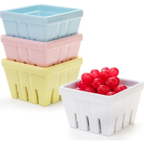 Set di quattro cestini per frutti di bosco in melamina, con ciotole forate, cestino quadrato per frutta da cucina e colino da 10 cm, con motivi di fragole e uva. (1/5)