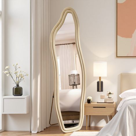 Miroir Plein Corps, 160x50cm, Forme de Nuage, Bordure Velours, Verre Trempé, Miroir Mural, Décoration Chambre, Design Irrégulier, Jaune