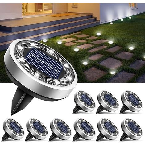 Lot de 10 lampes solaires de sol, 8 LED, étanches IP65, pour jardin, allées, pelouses, terrasses, entrées de garage, cours, piscines, blanc froid [Classe énergétique E] (1/5)