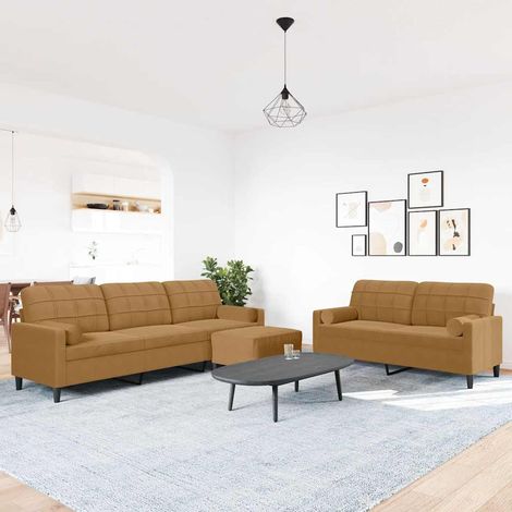 3-tlg. Sofagarnitur mit Kissen und Nackenrollen Braun Samt (1/5)