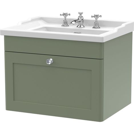 Nuie Classique Wall Hung 1-Drawer Vanity Unit with Traditional Basin 600mm Wide Satin Green - 3 Tap Hole (1/5)