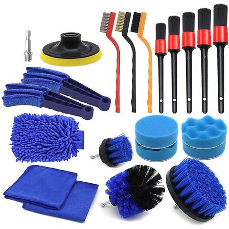 Ensemble de brosses de nettoyage multifonctionnelles pour l'entretien automobile, comprenant une brosse pour les jantes, l'extérieur et l'intérieur.