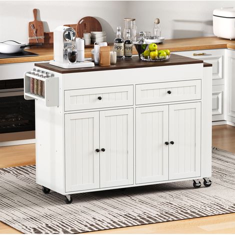 Isola da cucina 112-180.5x45x92.2 cm bianco noce in MDF con piano estraibile e ruote (1/5)