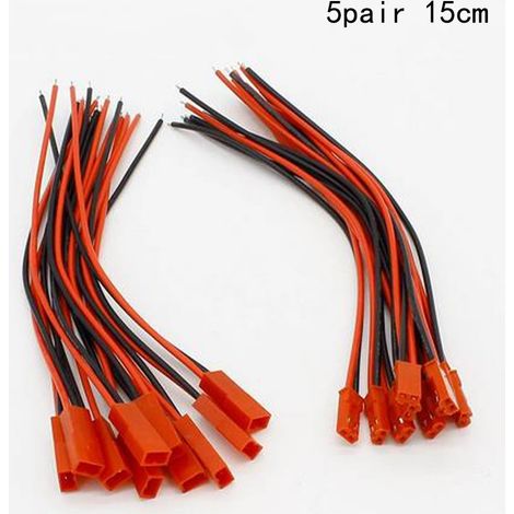 Connecteur JST - Fiche Et Douille 2 Broches - Câble Pré-soudé Rouge Noir - Longueur 150 mm - Lot De 5 Paires (1/5)