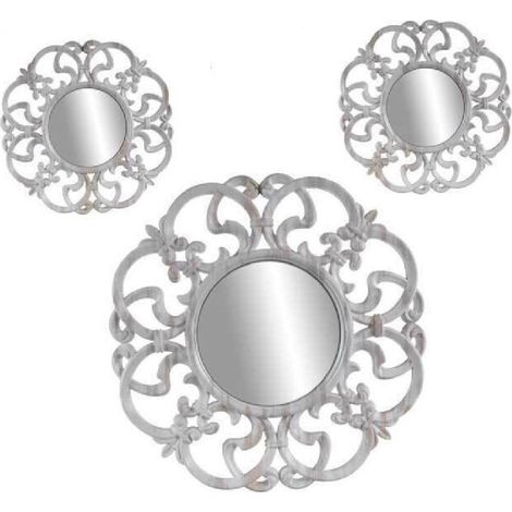 Trade Shop - Set 3 Espejos Decorativos De Pared De Plástico Blanco Envejecido 25-35cm 836886 - (1/3)
