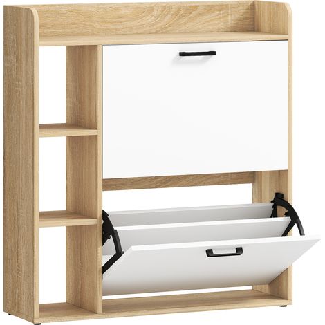 Scarpiera Slim 83x24x90,5 cm con 2 Cassetti Ribaltabili e 3 Vani Aperti Capacità 15 Scarpe Color Legno e Bianco (1/5)