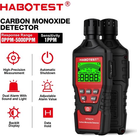 Détecteur de monoxyde de carbone HABOTEST HT621+, testeur de gaz CO haute précision, moniteur, alarme sonore et lumineuse, 0 à 5 000 ppm (1/5)