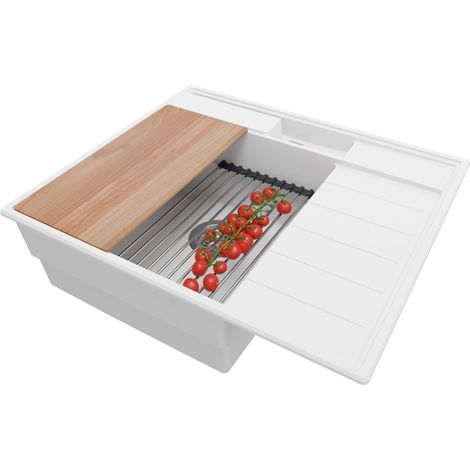 PRIMAGRAN Evier Cuisine en Granit 62x53cm, Lavabo 1 bac + Kit de Vidage + Accessoires, Évier à Encastrer au meuble 45cm - Sydney Pocket, Blanc (1/5)