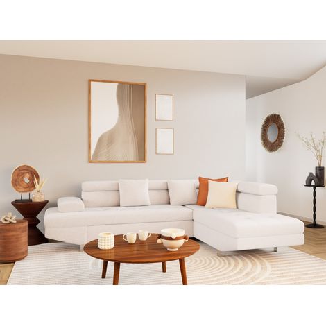 Bestmobilier – Canapé d'angle droit 5 places convertible – Coffre de rangement – Têtières réglables – Velours texturé beige – Dimensions 258x188cm