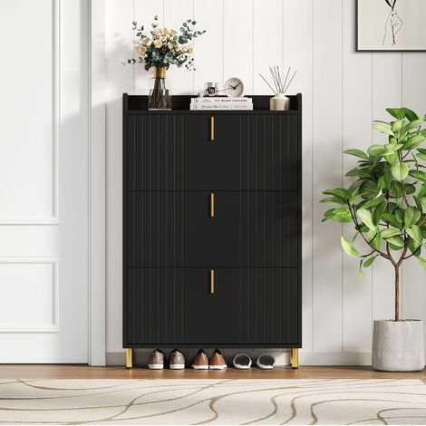 Meuble à chaussures basculant 3 abattants, 6 compartiments, MDF noir, 80 x 23,5 x 123,5 cm (1/5)