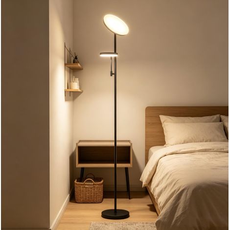 Lámpara de pie LED regulable 42 W negra con luz de lectura y mando a distancia OKWISH (1/5)