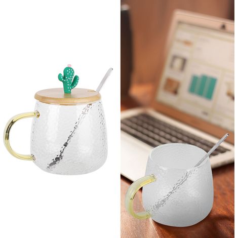 Mug en verre borosilicate résistant à la chaleur 400ml avec cuillère inox et couvercle bambou (design cactus) (1/5)