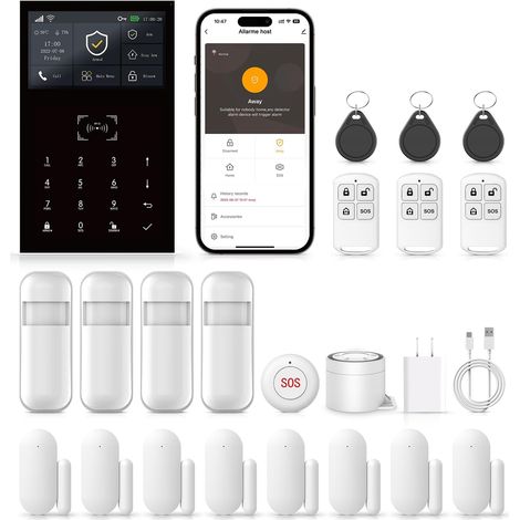 Alarme Maison sans Fil Intelligent GSM + WiFi, 21 Pièces - 4 Alarme de Porte, 8 Capteurs de Fenêtre et de Porte, 3 Télécommande, Compatible avec et Assistant (1/5)
