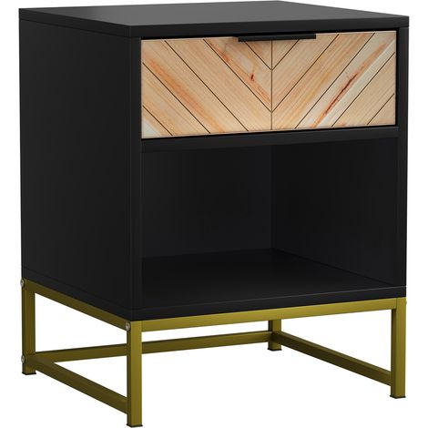 Table de chevet avec 1 tiroir et niche ouverte, MDF, pieds métal, noir et bois clair, 43 x 40 x 55 cm, meuble d'appoint pour chambre et salon - CHICFURN (1/5)