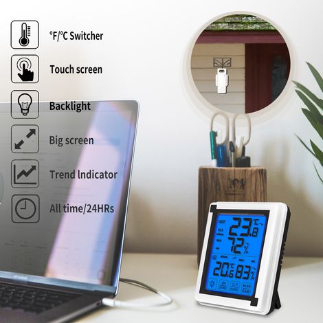 Thermomètre numérique intérieur/extérieur sans fil avec hygromètre, écran tactile LCD rétroéclairé, moniteur d'humidité et de température, jauge pour maison/bureau/serre