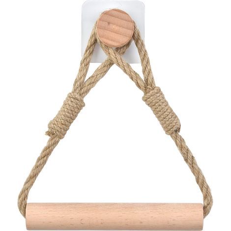Soporte autoadhesivo para rollo de papel higiénico, soporte para papel de baño con cuerda de madera y anillo para toallas rústico. (1/5)
