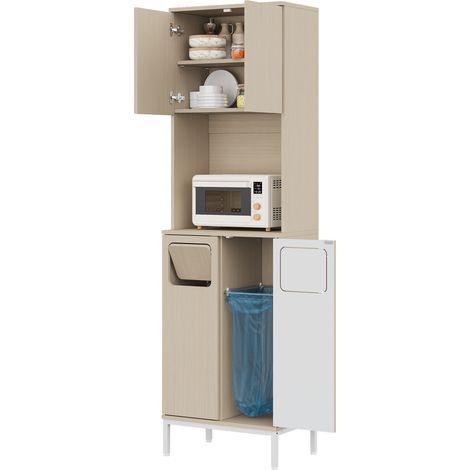 Meuble de cuisine colonne avec niche micro-ondes, espace poubelle et étagères réglables, rangement pour aspirateur robot, MDF blanc – CHICFURN (1/5)