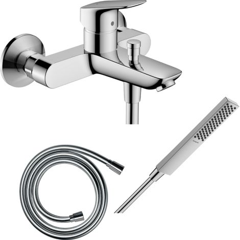 Pack mitigeur bain douche mécanique HANSGROHE Logis + Flexible Isiflex + Pommeau HANSGROHE Pulsify E 100 EcoSmart chromé