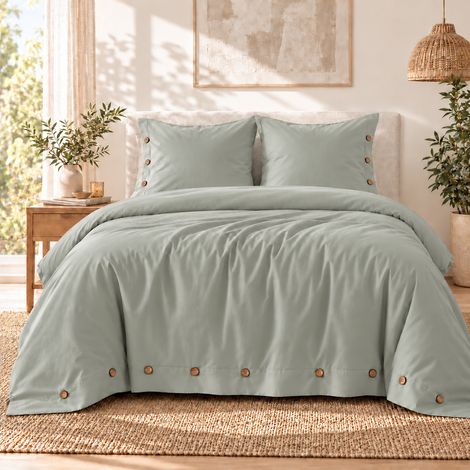 Housse de couette 240 x 220 cm + 2 taies 65 x 65 cm 100% percale de coton 120 fils PERRINE – Céladon (1/5)