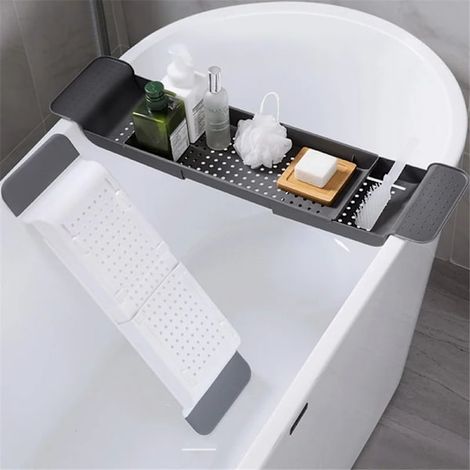 Badewannenablage, ausziehbare Badewannenablage, Duschablage für Badezimmer, schwarz, 5517,56,3 cm, weiß. (1/5)