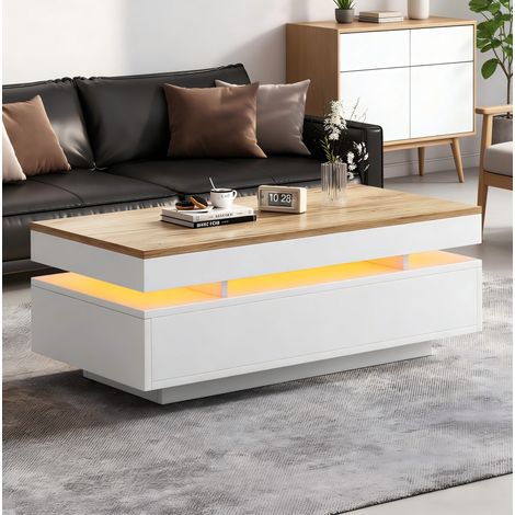 Tavolino da salotto LED 100x50x35 cm bianco e effetto legno, finitura lucida, con 2 cassetti e vano portaoggetti (1/5)