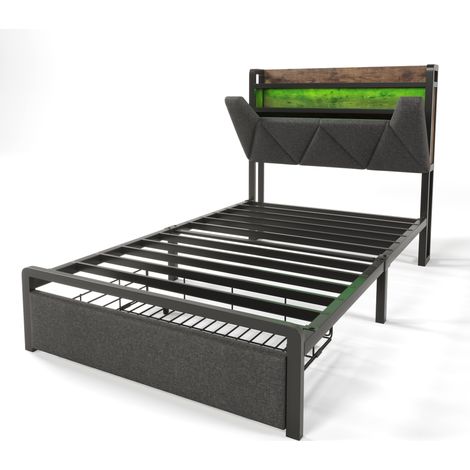 Letto singolo 90 x 200 cm con testiera contenitore, LED, USB-C e cassetti, grigio, MODENUIT (1/5)