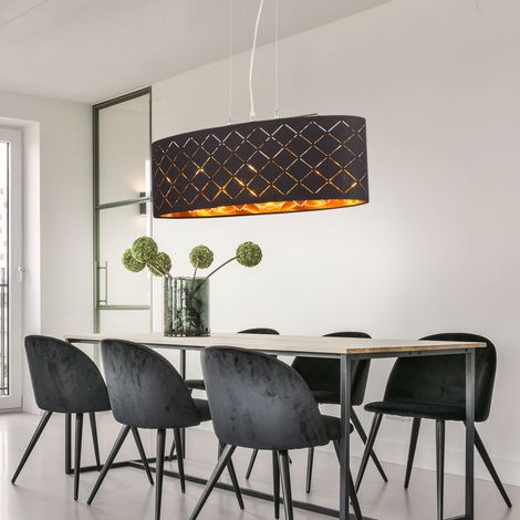Deckenleuchte hängend Hängelampe Esstisch Wohnzimmer Lampe Decke hängend Wohnzimmer, 3 Flammig Stanzungen, Metall Textil schwarz gold, 3x LED 7W 1065Lm 2700K, LxBxH 65x25x140cm