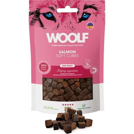 Friandises pour chiens Woolf, cubes moelleux au saumon, 100 g (1/3)