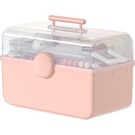 Coffret Maquillage Portable Transparent Plastique Anti-Poussière Grande Capacité Boîte de Rangement Rose (1/4)
