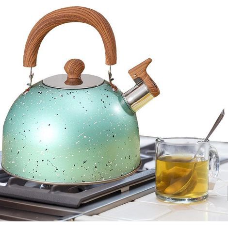 Bouilloire Sifflante 2L Vert – Inox, Poignée Bois Anti-brûlure