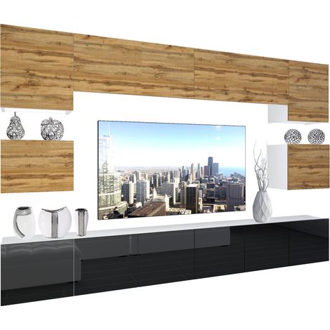 BELINI - Unité Murale TV NEX I Ensemble Muebles de Salon Complet I Ensemble Meuble TV avec Illumination LED I Dimensions: 300 x 180 x 36 cm I Coleur: chêne wotan/Noir très Brillant 1
