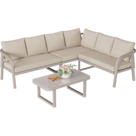 Salon de Jardin d’angle 6 places – Canapé d’angle + table basse verre – Tressage corde – Acier galvanisé – Beige