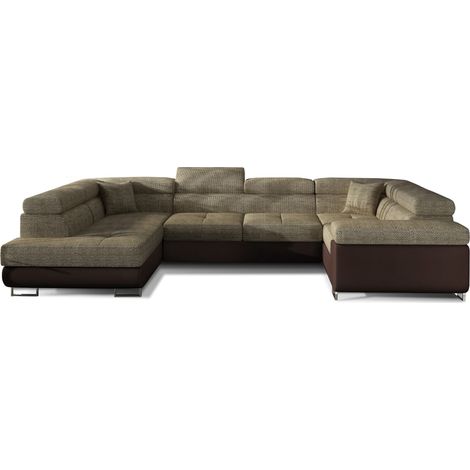 Canapé convertible panoramique TOVY tissu et simili cuir - têtières réglables à gauche-Marron/Beige chiné-Coffre à gauche (1/5)