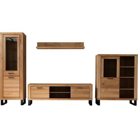 Ensemble meuble de salon de 4 pièces meuble tv, 2 vitrines et 1 étagère murale coloris chêne massif huilé (1/5)