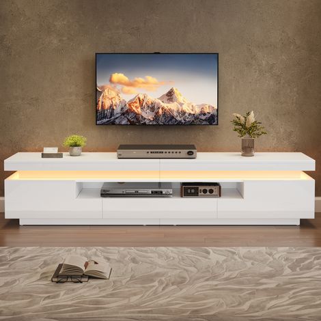 TV Lowboard 175x38x45 cm, mit 2 L förmigen Schränken und 1 Schublade, LED Beleuchtung, Hochglanz, Spanplatte, Weiß (1/5)